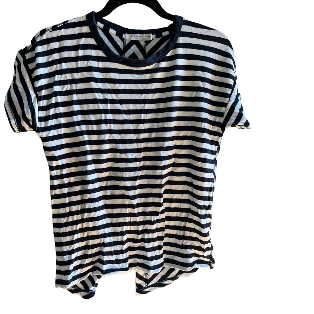 Rag & Bone Striped Tee Women XS Black White Split Back Chevron Short Sleeve